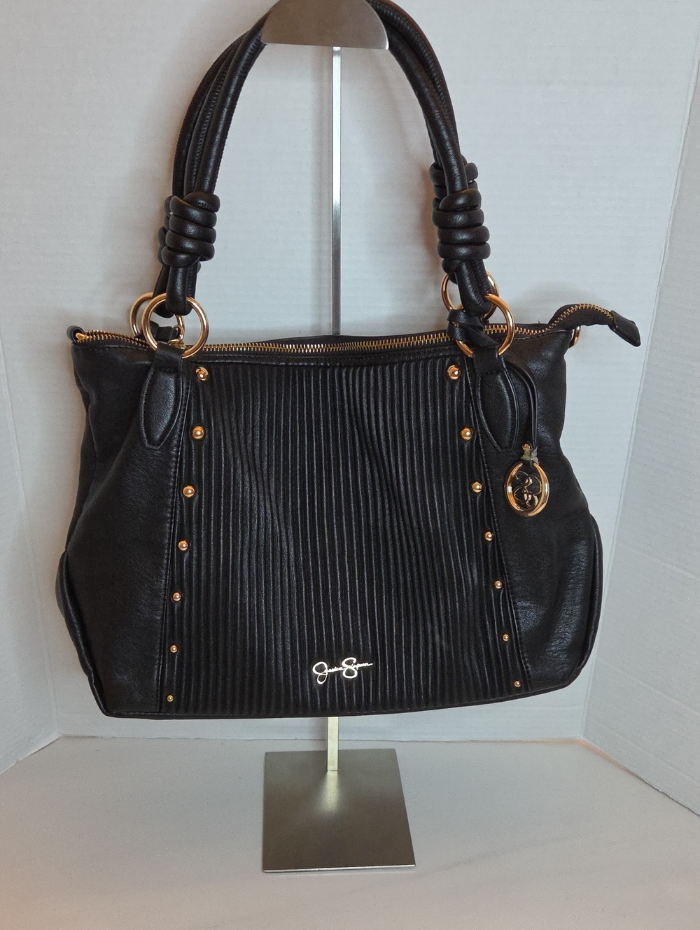 Jessica Simpson Black Quilted-Panel Shoulder Tote with Gold Hardware